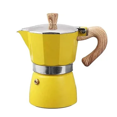 Durable Dishwasher Safe Housewarming Moka Pot Aluminum Stovetop 150ML 300ML Wood Handle Yellow Moka Pot