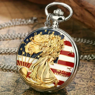 Top Luxury Golden Statue of Liberty American Flag Design Quartz Pocket Watch Pendant Chain Clock Necklace Jewelry Gifts Watches