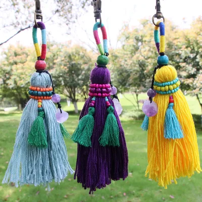 Bohemian DIY Handmade Crystal Beaded Yarn Woven Colorful Tassel Amethyst Cluster Car Hanging Bag Keychain Pendant