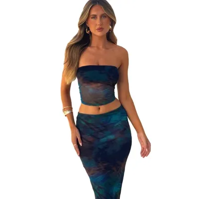 Sexy Two Piece Set Women Outfits Summer Printed Crop Tube Top and Long Dress Set