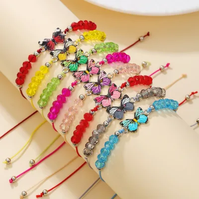 Colorful Enamel Butterfly Bracelet Hand Woven Adjustable Knot Friendship Couple butterfly Women Girls Crystal Beaded Bracelet