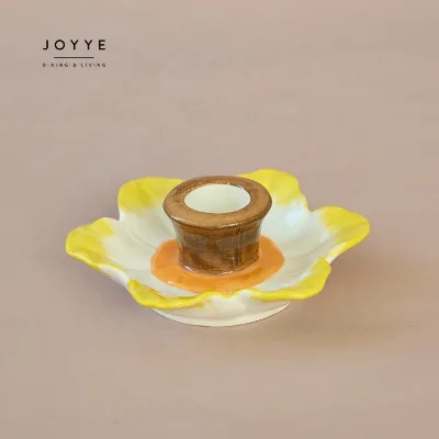 JOYYE Handmade Yellow Flower Petal Ceramic Candle Holder Artisan Crafted Table Decor Candlestick Gift for Home Accent