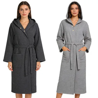 100% Cotton A/B Yarn Bath Robe Hooded Surf Poncho Adults Plaid Pattern Belt Quick-Dry All-Season Home Soft Water Absorption