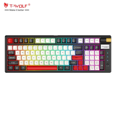 T-WOLF T70 Tri-Mode Wireless Mechanical Gaming Keyboard Hot-Swappable RGB Backlit 97 Keys Multimedia Knob 2000mAh USB 2.4G BT