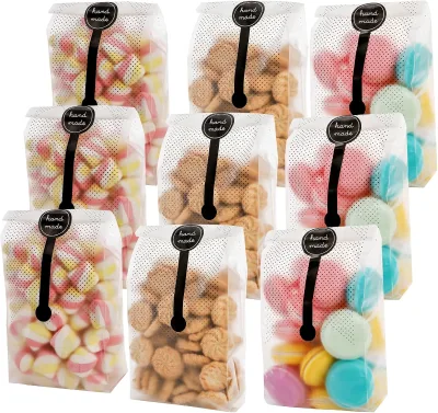 Translucent Plastic Cellophane Treat Bags Cookie Bags Wrapping Bags for Bread Candy Chocolate With Stickers and Ribbon