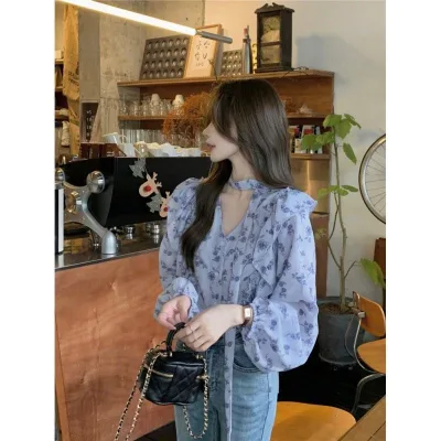 2026 Women's Floral Print Blouse with Choker Neck, Long Puff Sleeves and Ruffled Trim