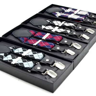 Men's Polyester Suit Suspenders With Elastic Design and 4 Clips Stripes Plaids in Multiple Colors With Gift Box