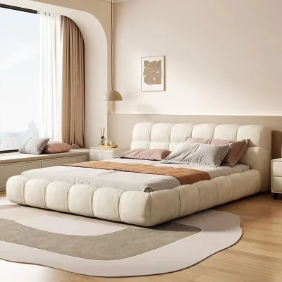 Modern Solid Wood Upholstered Comfortable Bed with Storage Space and Soft Cushion for Small Apartments