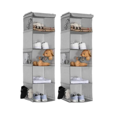 BrilliantJo Robust Modern Fabric Non-Woven Fabric 5 Shelves Hanging Clothing Organizer 2 Pack with 6 Side Pockets