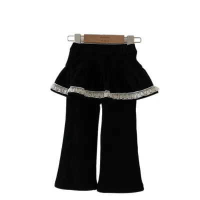 Autumn and Winter Children's Fleece-Lined Flared Lace Pants: Warm and Stylish Trousers for Girls