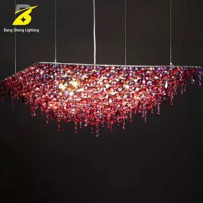 Artistic Gold Foil Crystal LED Pendant Light Luxury Rectangular Chandelier with Remote Control for Hotel and Villa Living Room