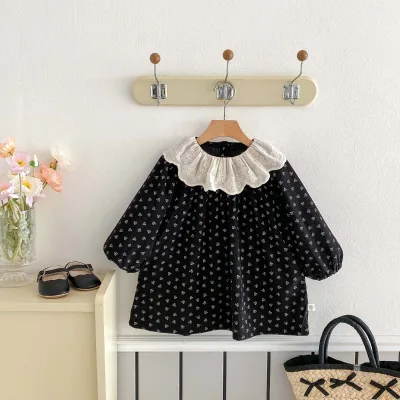 Spring and Autumn New Girls Sweet Floral Corduroy Knee-Length A-Line Dress Printed Lace Collar Skirt Long-sleeved ODM