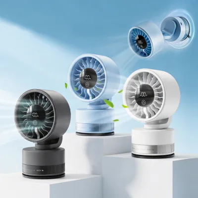 Portable Led Display 360° Oscillating Battery Mini Desk Fan Custom Logo USB Rechargeable Table Wall Fan With Suction Cup