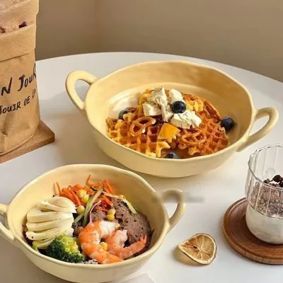 Highly Attractive Double-handled Ceramic Bowl Handcrafted Irregular Shape Yogurt Fruit Salad Instant Noodle Soup Bowl Home Use