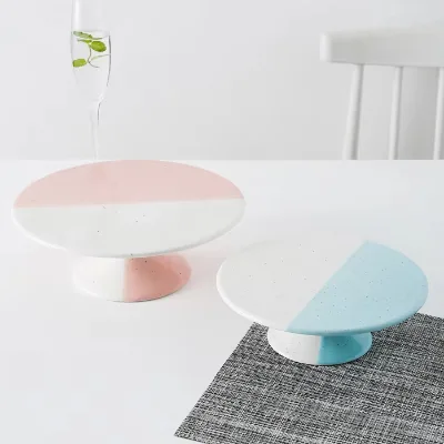 Hot Sale High Quality Home Decoration pink Blue Reactive Glaze Design Porcelain Dessert Cake Stand Ceramic Plate Serving