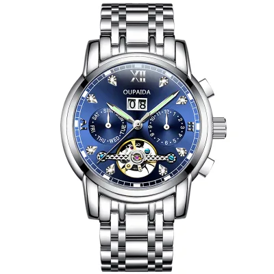 OUPAIDA Mens Mechanical Automatic Watches Top Luxury Waterproof Tourbillon Self Winding Stainless Steel Business Wristwatch