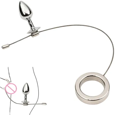 Adjustable Anal Plug With Cock Ring Metal Butt Insert Sex Toy Penis Slave for Male