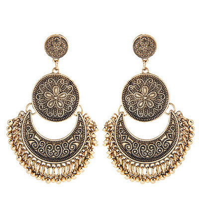 SC Ethnic Hollow Floral Hoop Earrings Engraved Hook Tassel Drop Erring for Women Vintage Boho Chic Accessories