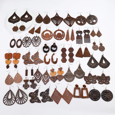 Wholesale African Wooden Boho Drop Earrings Bohemian Pendant Dangle Lightweight Ethnic Style Wood Earrings for Women