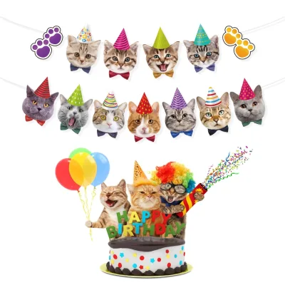 BA173 13Pcs Pet Party Decoration Cat Banner Kids Party Supplies Cute Banner Decoration for Kids Birthday
