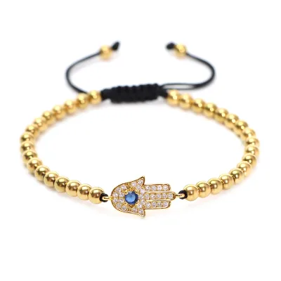 Fashion 18K Gold Plated Micro Inlay Zircon Hamsa Hand Charms Bracelet Stainless Steel Beads Braided Handmade Hamsa Bracelet
