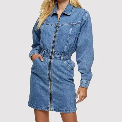 Wholesale OEM Custom Ladies Denim Shirts Dress Women Zip up Jean Dress Long Sleeve Denim Dresses