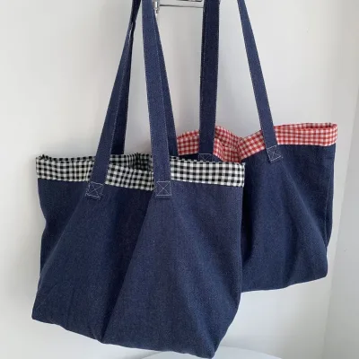 New 2026 Denim Plaid Versatile Large Capacity Leisure Canvas Bag Lazy Shoulder Retro Tote Handbag Casual
