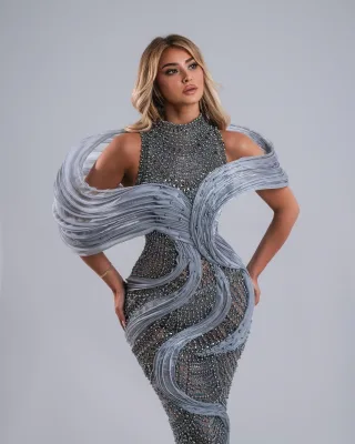 Couture Silver Grey Mermaid Silhouette Floor-Length Evening Gown Full Crystal Embellishment Wave Draped Organza Party Dress