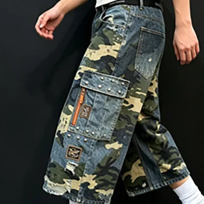 Manufacturer Custom Rivet  Streetwear Camo Summer Vintage Baggy Oversided100 % Cotton 14 OZ Denim Shorts