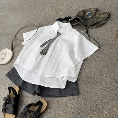 Boys' Summer Korean-style Short Sleeve Cotton Casual Printed White Shirt Children's Wide Lapel Loose Fit Trendy