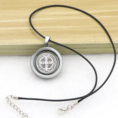 Vintage St. Benedict Medal Necklace, Antique Bronze Epoxy Catholic Cross Pendant with Black Cord, Religious Protection Amulet