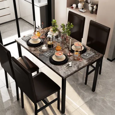 New Arrival Tavolo Da Pranzo 5-Piece Modern Dining Table Set Brown Faux Marble Dining Table and 4 Leather Upholstered Chair
