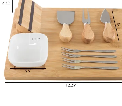 2024 Hot9 Piece Bamboo Cheese Serving Tray Set with Stainless Steel Cutlery and Dish
