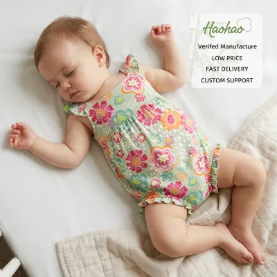 Light & Deep Custom Baby Girls Jumpsuits Edge Ruffled Bamboo Bubble Romper Crotch Snap Button Baby Clothes