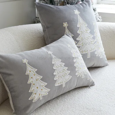 Grey Holiday Pillow Cover with White Embroidery Tufted Christmas Trees Winter Decorative Cushion Case for Living Room 45x45cm