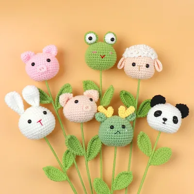 Home Decoration Handmade Simulation Woven Bouquet Eternal Woolen Thread Animal Frog Pig Rabbit Sheep Panda Dragon Knitted Flower