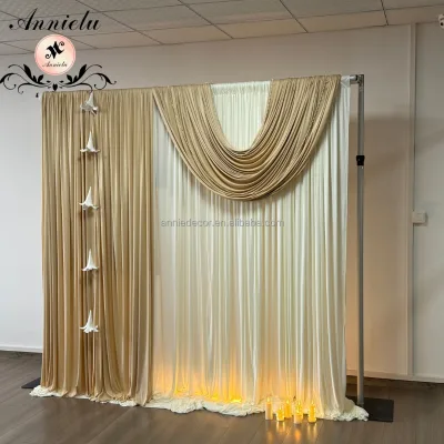 Luxury Spandex Drape Champagne Custom Design with Pearl Ornaments Reusable Stretch Backdrop for Wedding Studio Indoor Party