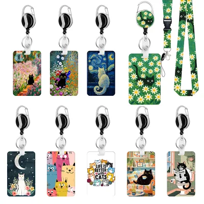 Wholesale 3pcs Set Snap-On Badge, ID Card Holder, Lanyard Cartoon Printed New Cat Illustration Style Employee ID Badges Sets