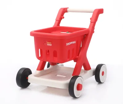 Baby Push Walker Toy Shopping Cart Kids Toddler Adjustable Handle Light Music Double Storage Anti Tip Triangular Red