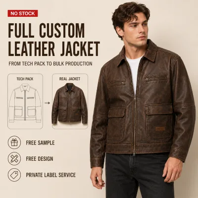 OEM Leather Jacket Supplier Vintage Brown Distressed Multi Pocket Heavyweight Mens Casual Outdoor Streetwear Leather Jacket