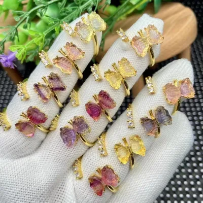 Dainty Natural Rainbow Fluorite Butterfly Rings Candy Color Healing Crystal Copper Adjustable Open Ring for Women Girls