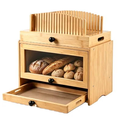 3 in 1 Bamboo Bread Box with Bread Slicer,Adjustable Width Bread Cutter,Storage Container & Crumb Tray,Bread Storage for Kitchen