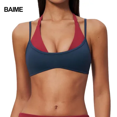 New Custom logo Women's Sandblasting Fake Two-piece Slim Fit Elastic Thin Belt Fitness Exercise Yoga Women's Bra