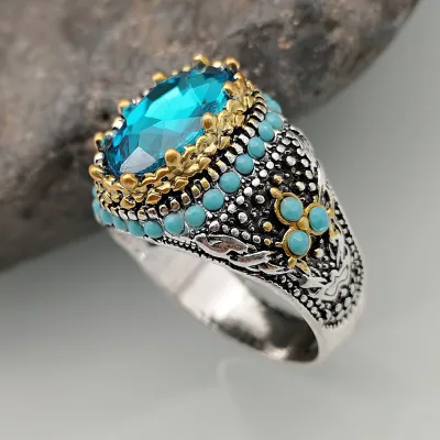 Fashionable New Sapphire Ring Men's Retro Diamond-encrusted Gemstone Two-color Ring for Cross-border Exclusive Jewelry