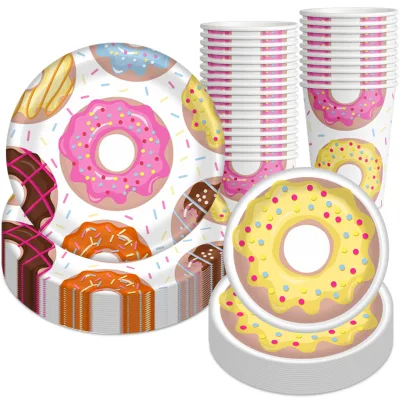 Modern Style Doughnut Birthday Party Tableware Set Paper Cup Plate Knife Fork Spoon for Kids Celebration