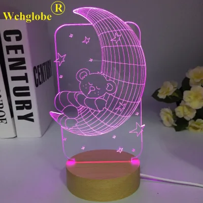 Moon Bear Wooden 3d Night Light Bear with Heart Led Touch Switch Colorful Atmosphere for Home Decoration Light Table Night Lamp