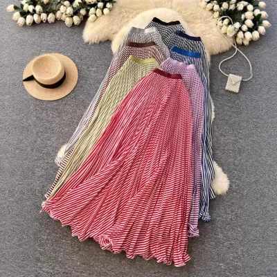 New Women's Striped Skirt 2026 New Style Elastic Waist Versatile Drape Long Skirt Wavy Hem Large Hem Pleated Skirt