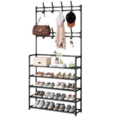 Freestanding Coat and Shoe Rack 5 Layer Metal Storage Organizer Stand with Hooks for Entryway Living Room Bedroom