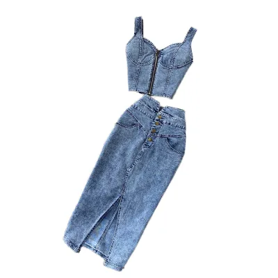 Women's Clothes Fashionable Casual 2 Piece Set High Waist Sleeveless Crop Tops Denim Skirt Suits Solid Pattern for Summer