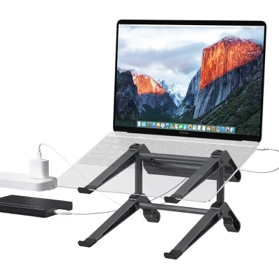 6 in 1 Usb PD Hub Mechanical Aluminum Alloy Foldable Laptop Stand  Metal Multi Silicone Pads Height Adjustable Notebook Holder
